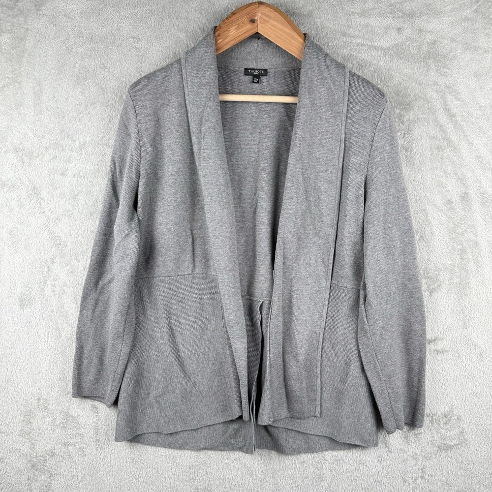 Talbots Cardigan Sweater Womens Petite XL Gray Open Front Split Back Minimalist